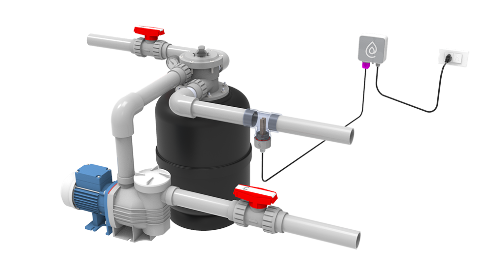 3D illustration of pool equipment pad showing ionizer installation